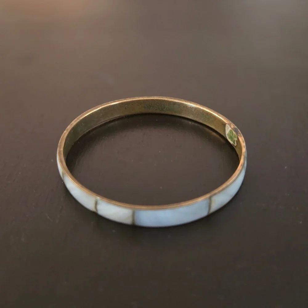 Vintage Brass Mother of Pearl Inlay Bangle Bracelet White Shell India